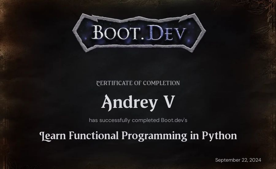 m's Boot.dev Learn Functional Programming in Python certificate