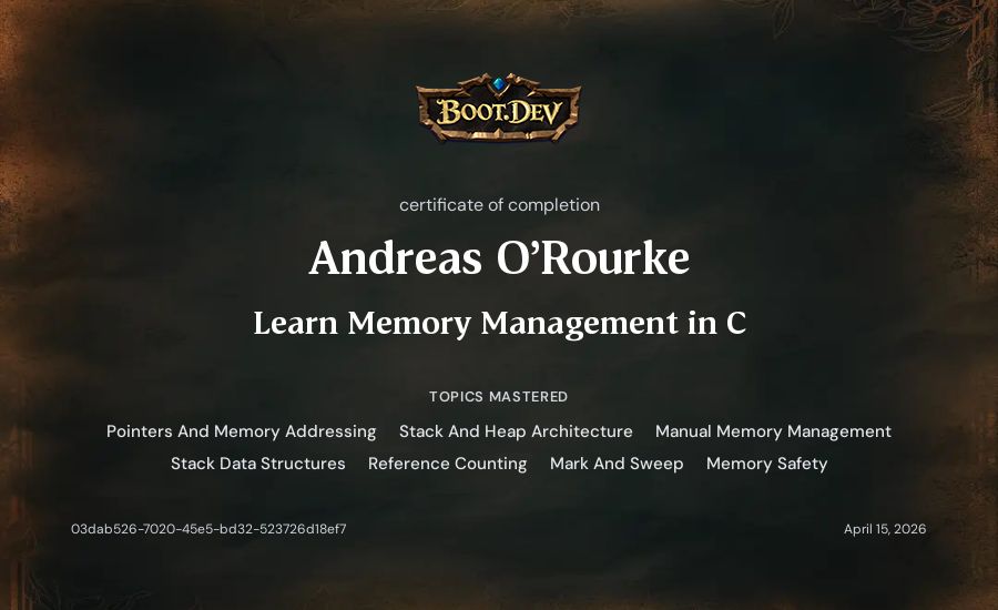 Andreas O'Rourke's Boot.dev Learn Memory Management in C certificate