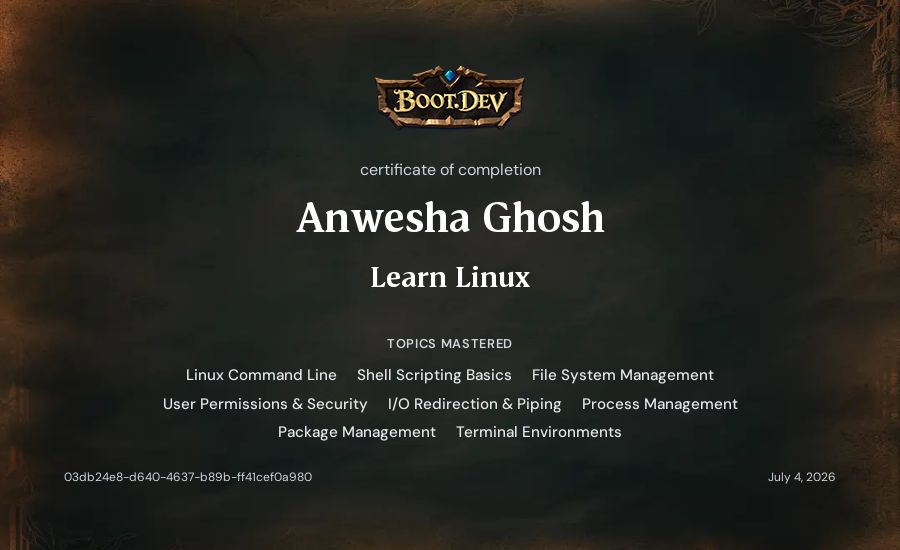 Anwesha Ghosh's Boot.dev Learn Linux certificate