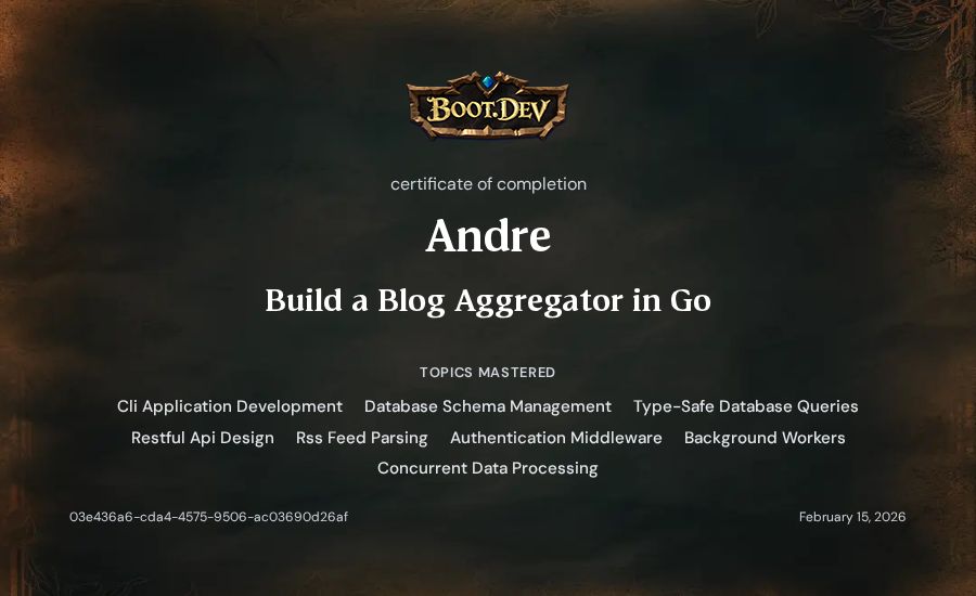 Andre's Boot.dev Build a Blog Aggregator in Go certificate