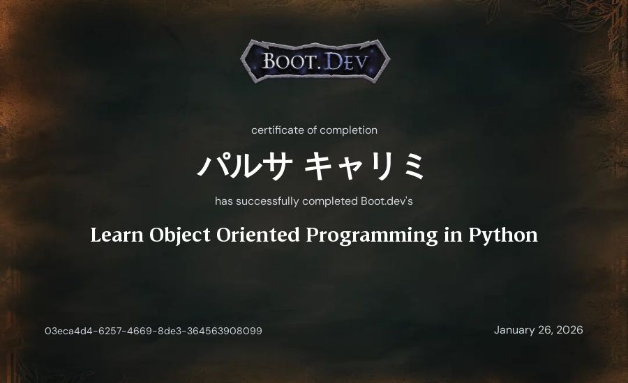 パルサ キャリミ's Boot.dev Learn Object Oriented Programming in Python certificate