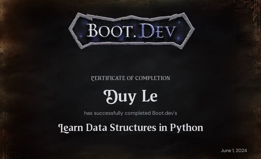 Duy Le's Boot.dev Learn Data Structures and Algorithms in Python certificate