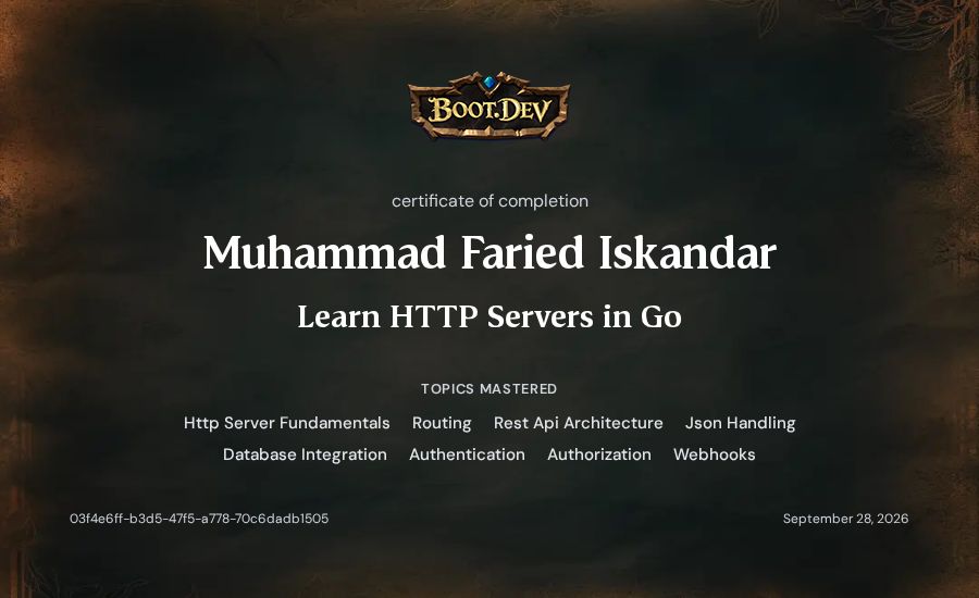 Muhammad Faried Iskandar's Boot.dev Learn HTTP Servers in Go certificate