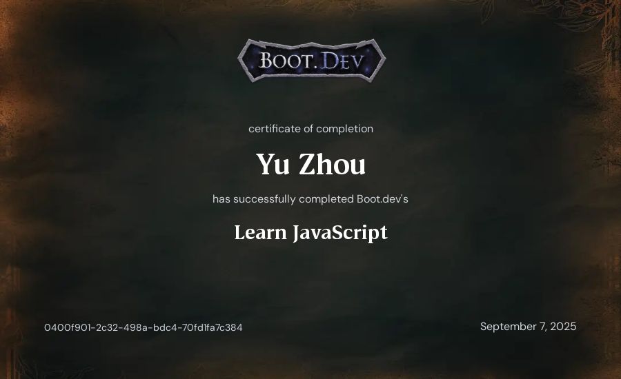 Yu Zhou's Boot.dev Learn JavaScript certificate