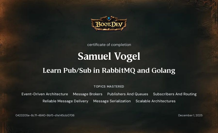 Samuel Vogel's Boot.dev Learn Pub/Sub in RabbitMQ and Go certificate