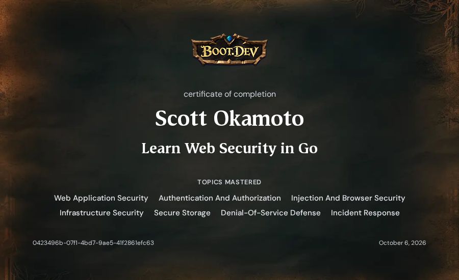 Scott Okamoto's Boot.dev Learn Web Security in Go certificate