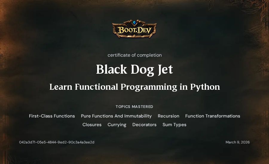 Black Dog Jet's Boot.dev Learn Functional Programming in Python certificate