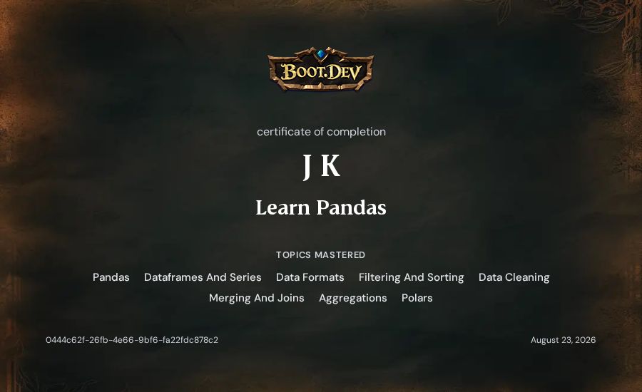 J K's Boot.dev Learn Pandas certificate