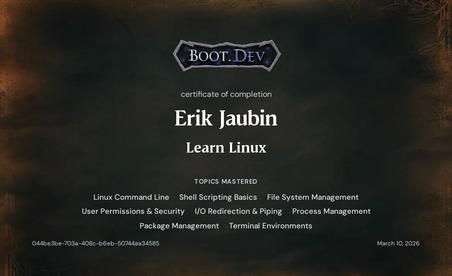 Erik Jaubin's Boot.dev Learn Linux certificate