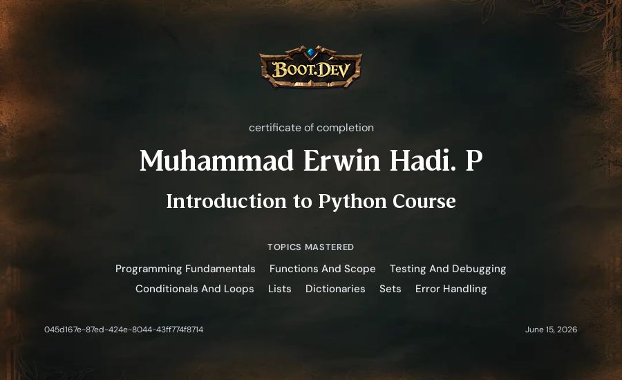 Muhammad Erwin Hadi. P's Boot.dev Introduction to Python Course certificate