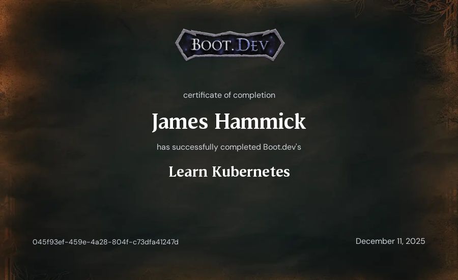 James Hammick's Boot.dev Learn Kubernetes certificate