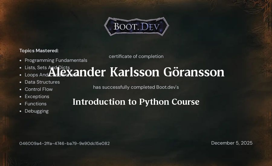 Alexander Karlsson Göransson's Boot.dev Introduction to Python Course certificate