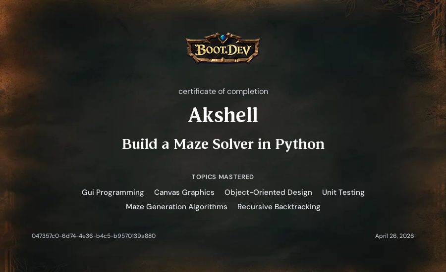 Akshell's Boot.dev Build a Maze Solver in Python certificate