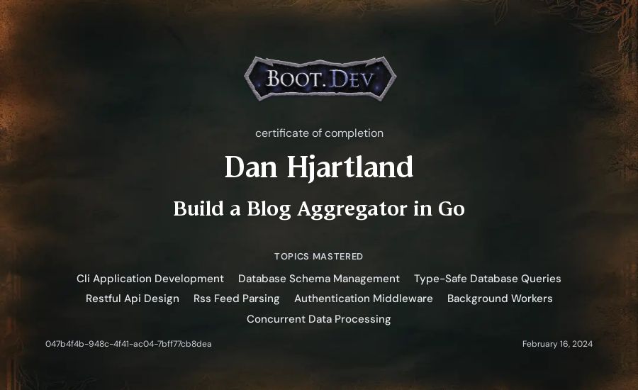 Dan Hjartland's Boot.dev Build a Blog Aggregator in Go certificate