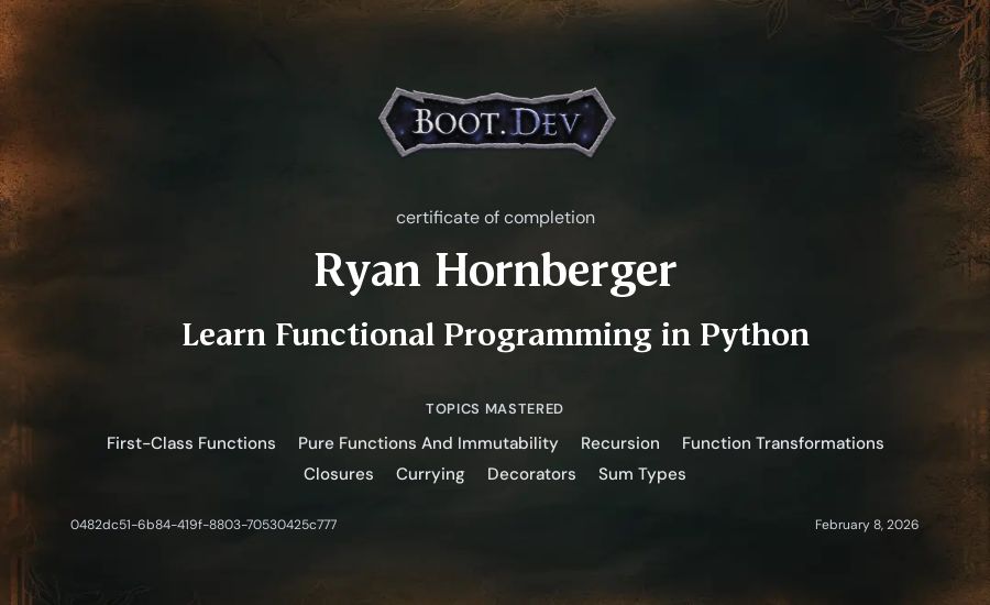 Ryan Hornberger's Boot.dev Learn Functional Programming in Python certificate