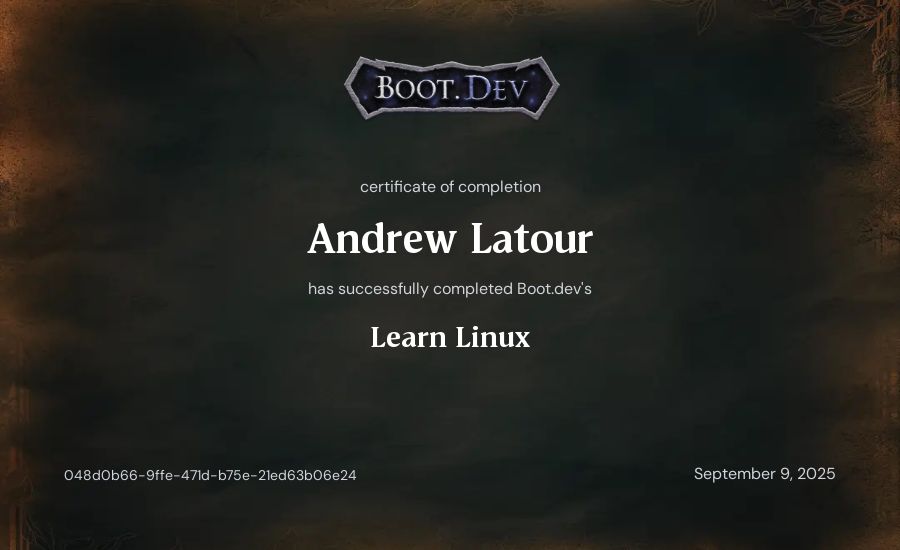 Andrew Latour's Boot.dev Learn Linux certificate