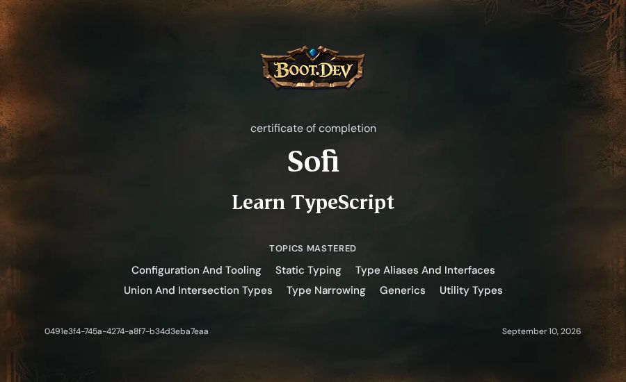 Sofi's Boot.dev Learn TypeScript certificate