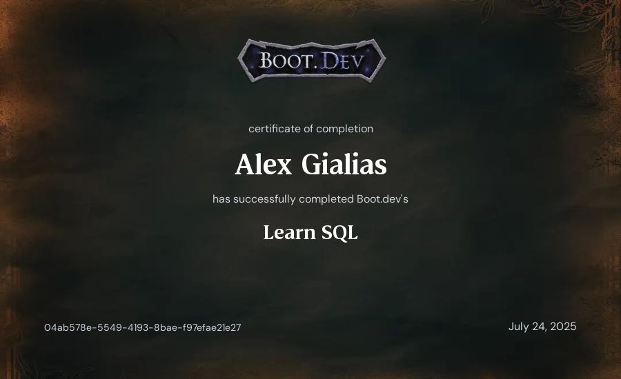 Alex Gialias's Boot.dev Learn SQL certificate