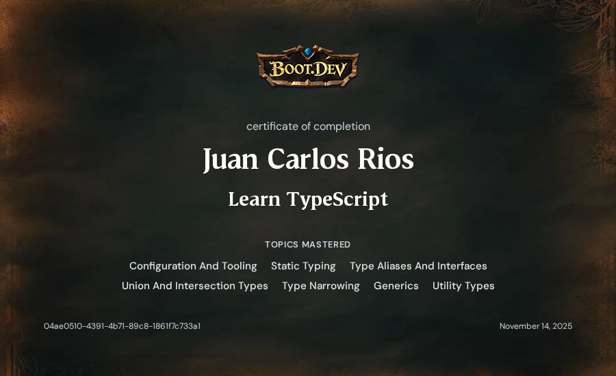 Juan Carlos Rios's Boot.dev Learn TypeScript certificate