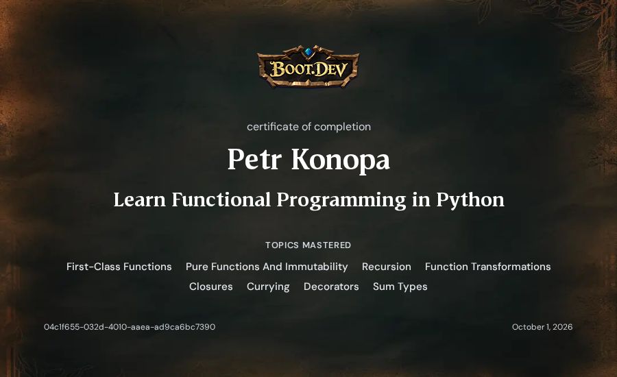 Petr Konopa's Boot.dev Learn Functional Programming in Python certificate