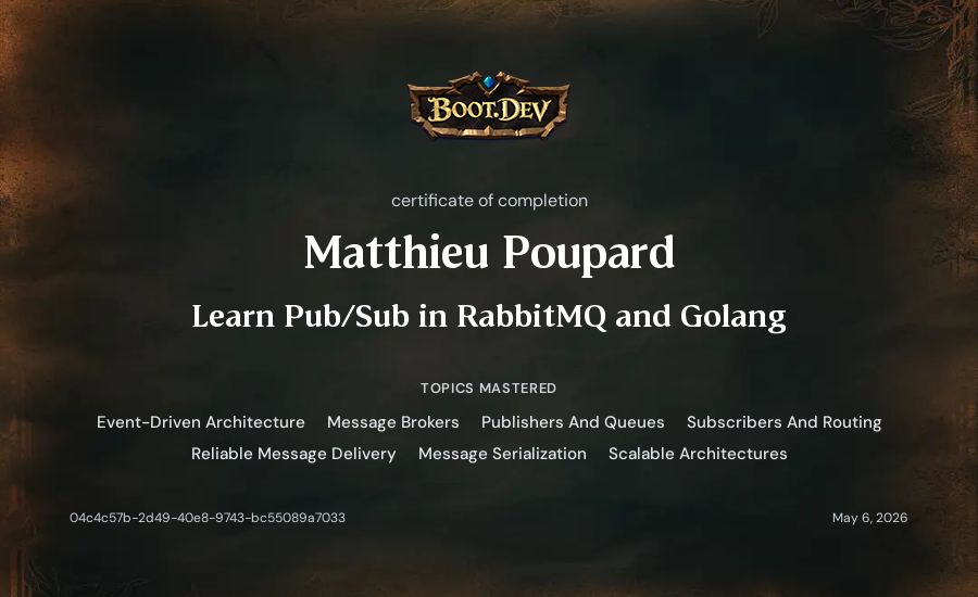 Matthieu Poupard's Boot.dev Learn Pub/Sub in RabbitMQ and Go certificate