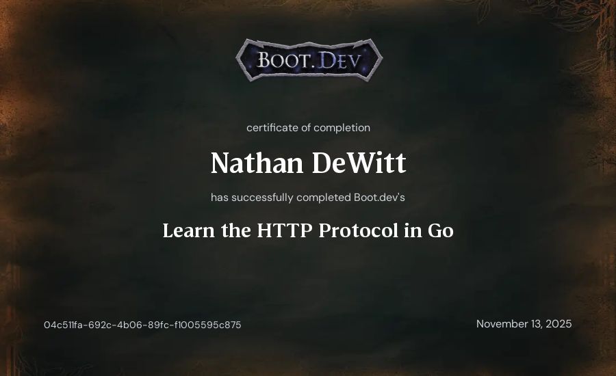 Nathan DeWitt's Boot.dev Learn the HTTP Protocol in Go certificate