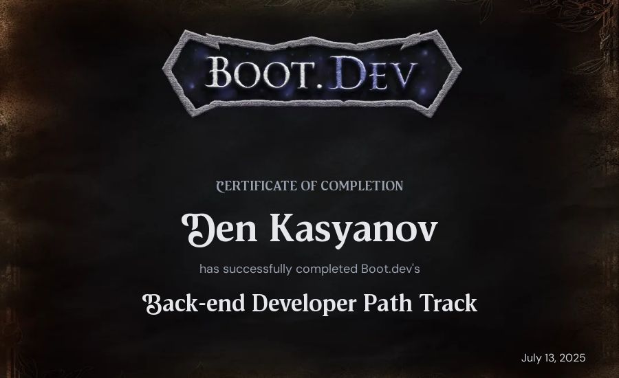 Den Kasyanov's Boot.dev Back-end Developer Path certificate