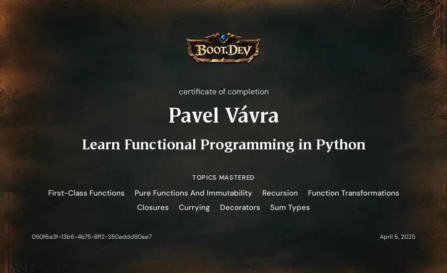 Pavel Vávra's Boot.dev Learn Functional Programming in Python certificate