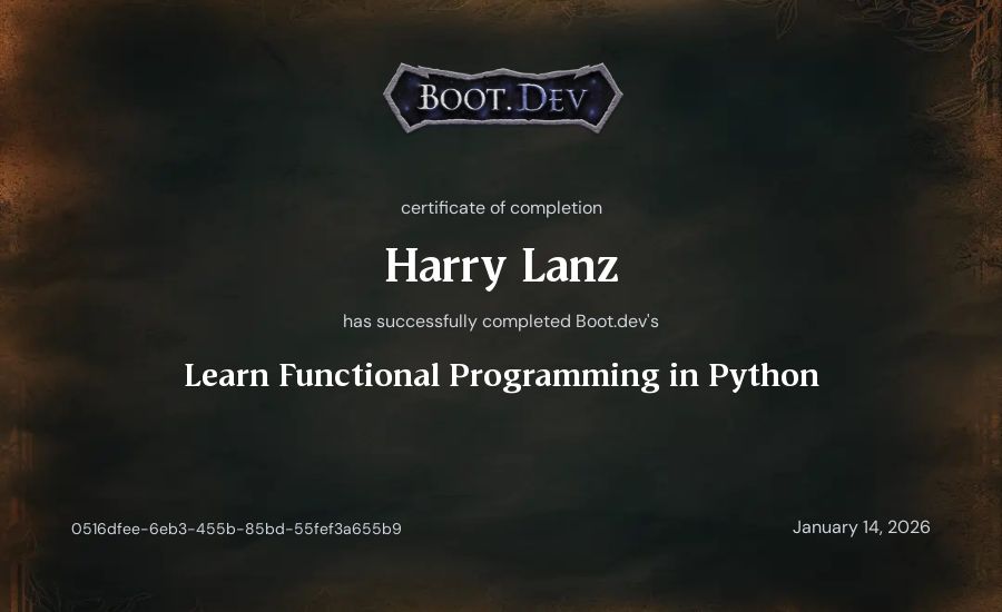 Harry Lanz's Boot.dev Learn Functional Programming in Python certificate