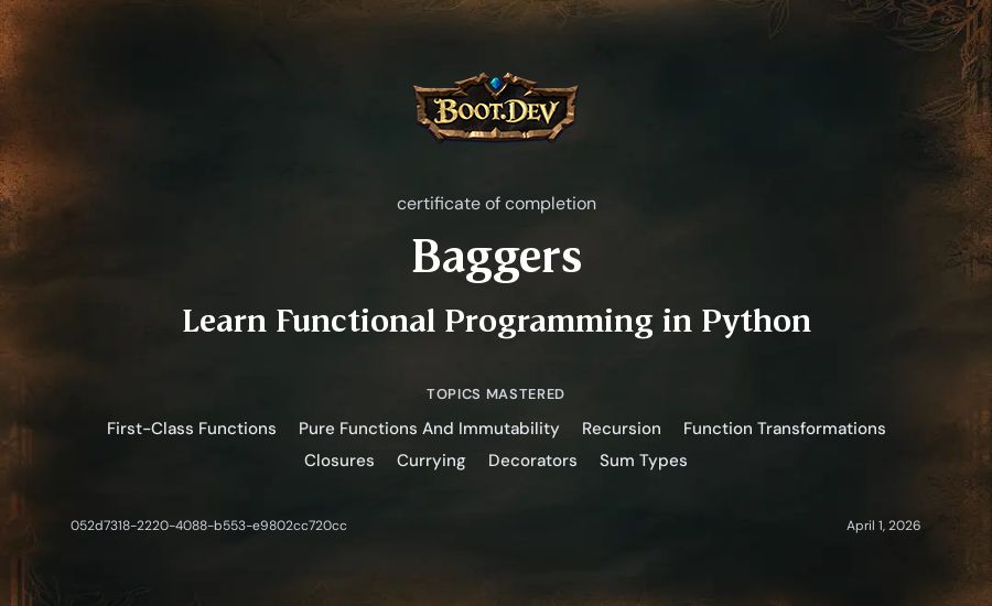Baggers's Boot.dev Learn Functional Programming in Python certificate