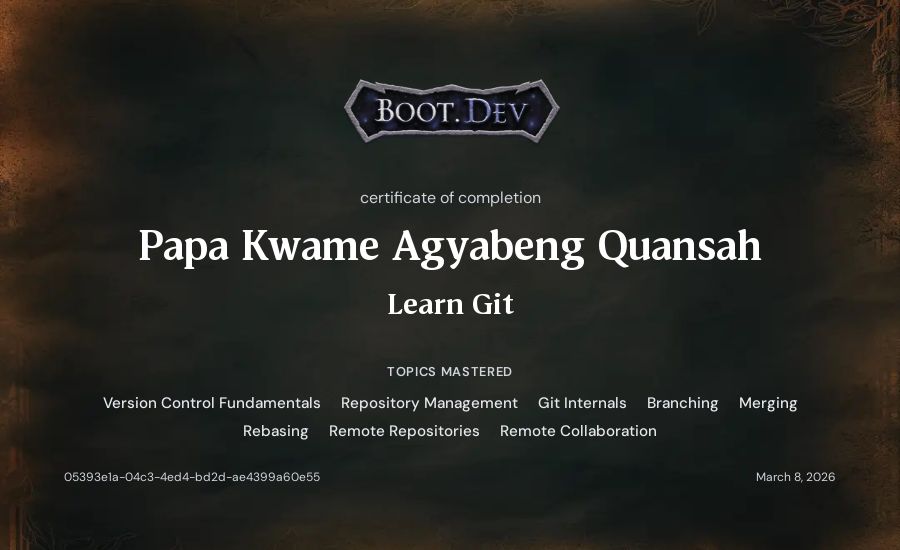 Papa Kwame Agyabeng Quansah's Boot.dev Learn Git certificate