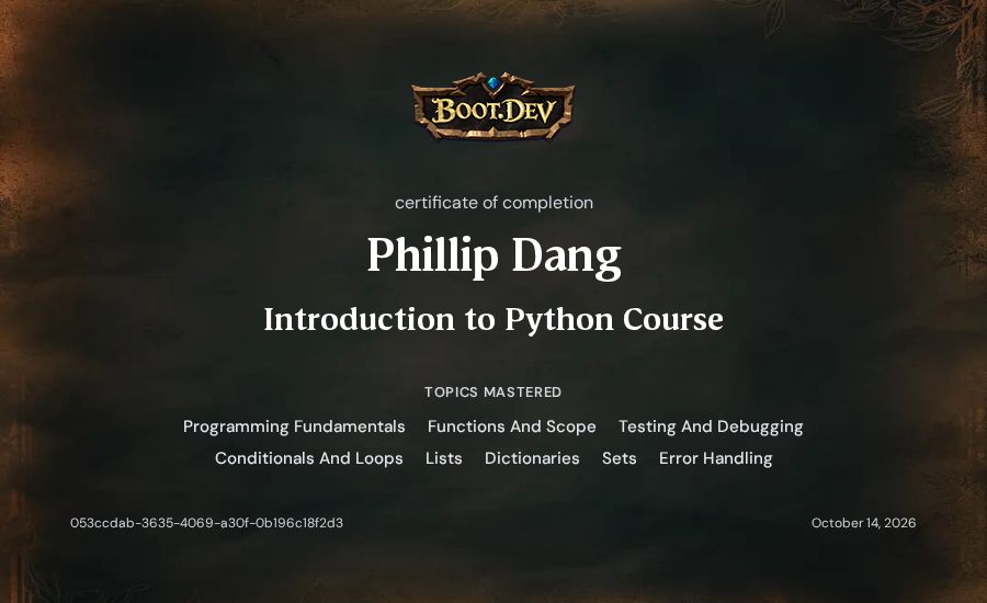 Phillip Dang's Boot.dev Introduction to Python Course certificate
