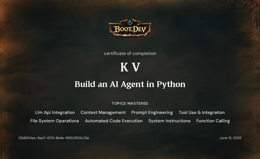 K V's Boot.dev Build an AI Agent in Python certificate