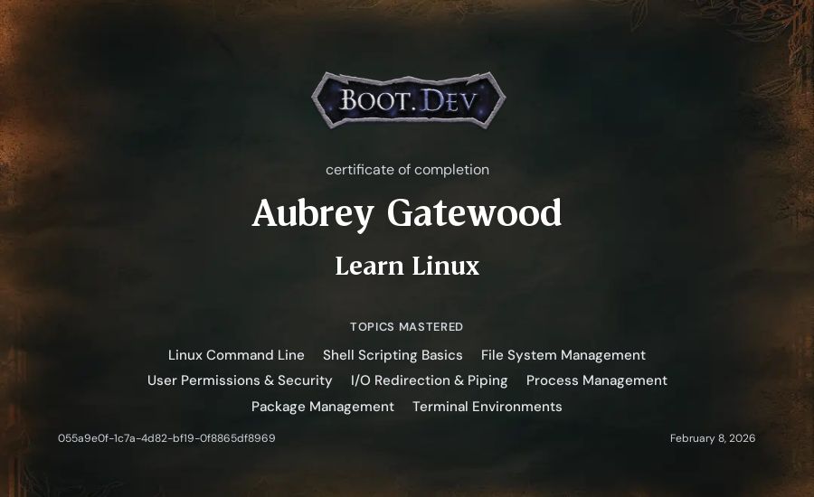 Aubrey Gatewood's Boot.dev Learn Linux certificate