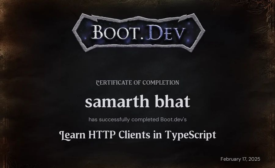 Trolley's Boot.dev Learn HTTP Clients in TypeScript certificate