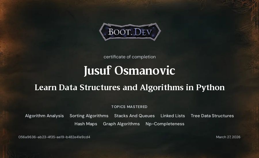 Jusuf Osmanovic's Boot.dev Learn Data Structures and Algorithms in Python certificate