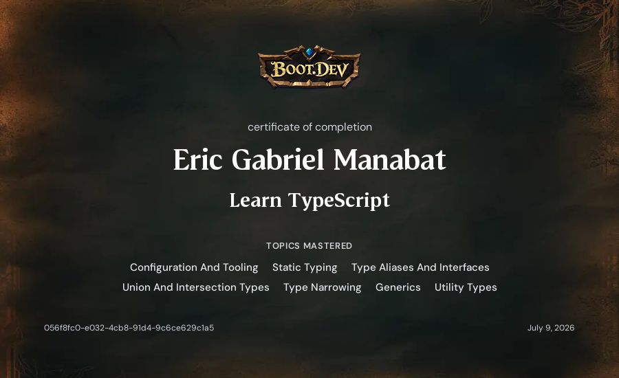 Eric Gabriel Manabat's Boot.dev Learn TypeScript certificate