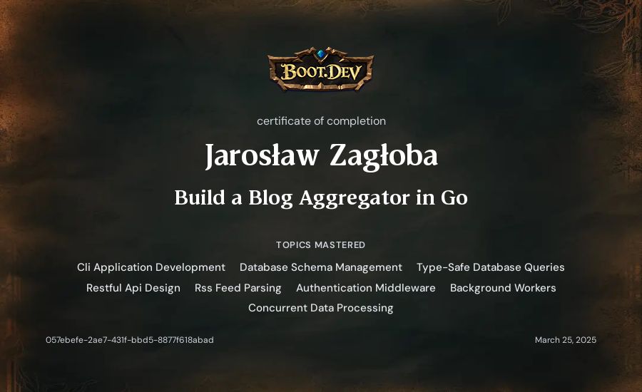 Jarosław Zagłoba's Boot.dev Build a Blog Aggregator in Go certificate