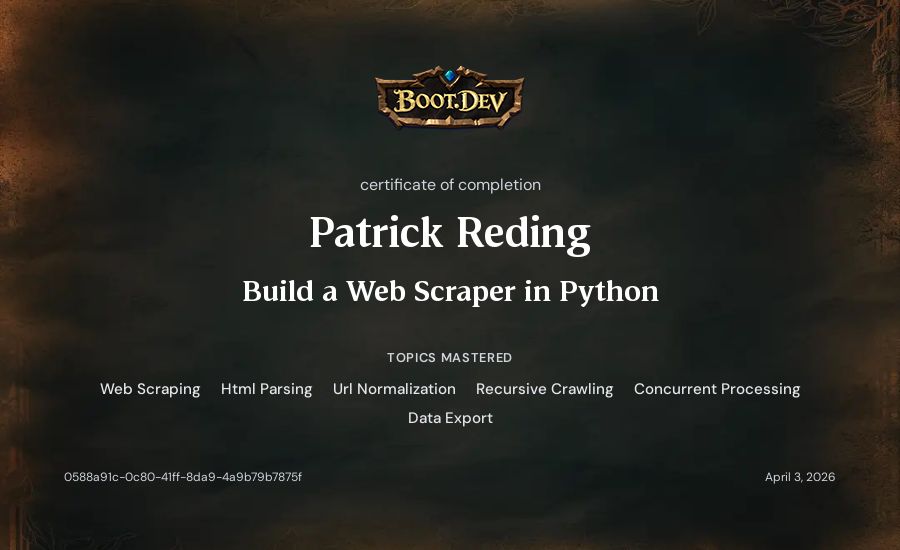 Patrick Reding's Boot.dev Build a Web Scraper in Python certificate