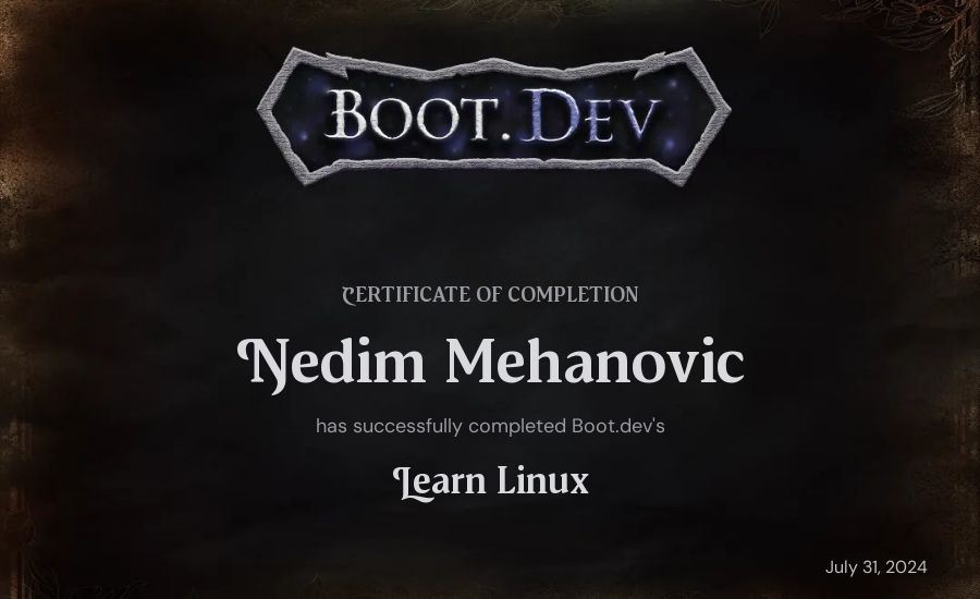 Nedim Mehanovic's Boot.dev Learn Linux certificate