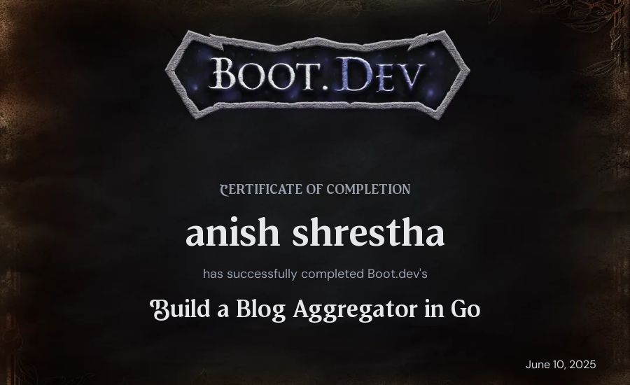 anish shrestha's Boot.dev Build a Blog Aggregator in Go certificate