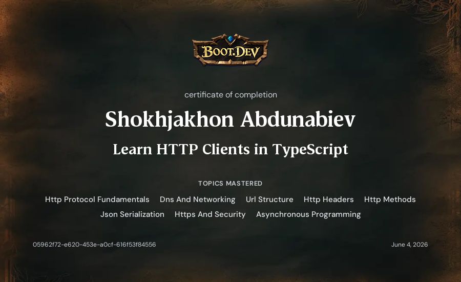 Shokhjakhon Abdunabiev's Boot.dev Learn HTTP Clients in TypeScript certificate