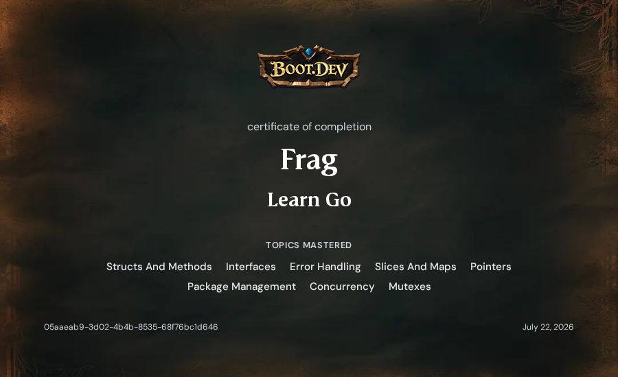 Frag's Boot.dev Learn Go certificate