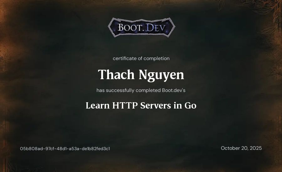 Thach Nguyen's Boot.dev Learn HTTP Servers in Go certificate