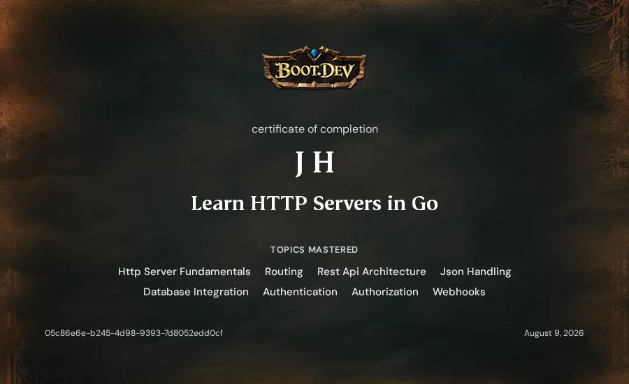 J H's Boot.dev Learn HTTP Servers in Go certificate
