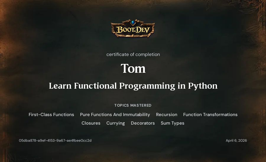 Tom's Boot.dev Learn Functional Programming in Python certificate