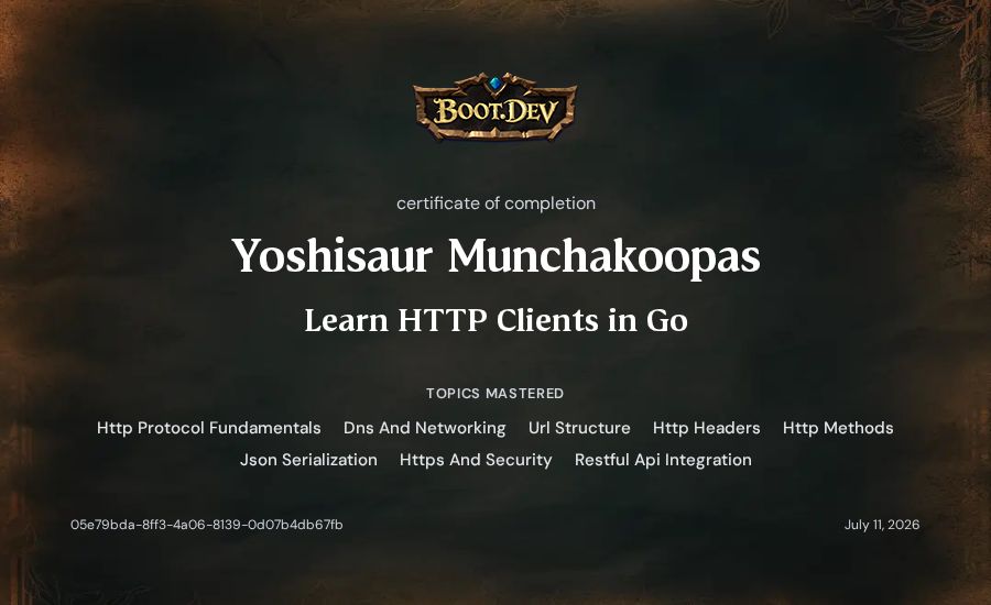 Yoshisaur Munchakoopas's Boot.dev Learn HTTP Clients in Go certificate
