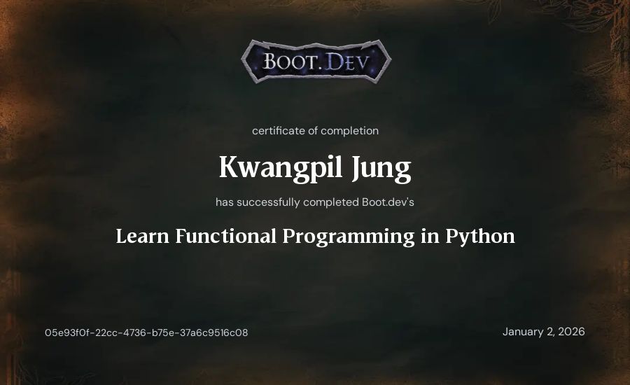 Kwangpil Jung's Boot.dev Learn Functional Programming in Python certificate