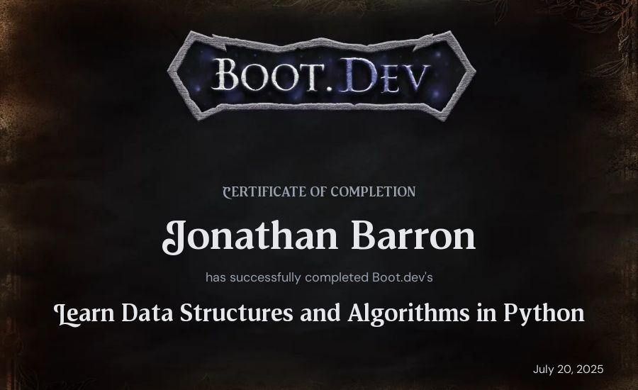 Jonathan Barron's Boot.dev Learn Data Structures and Algorithms in Python certificate