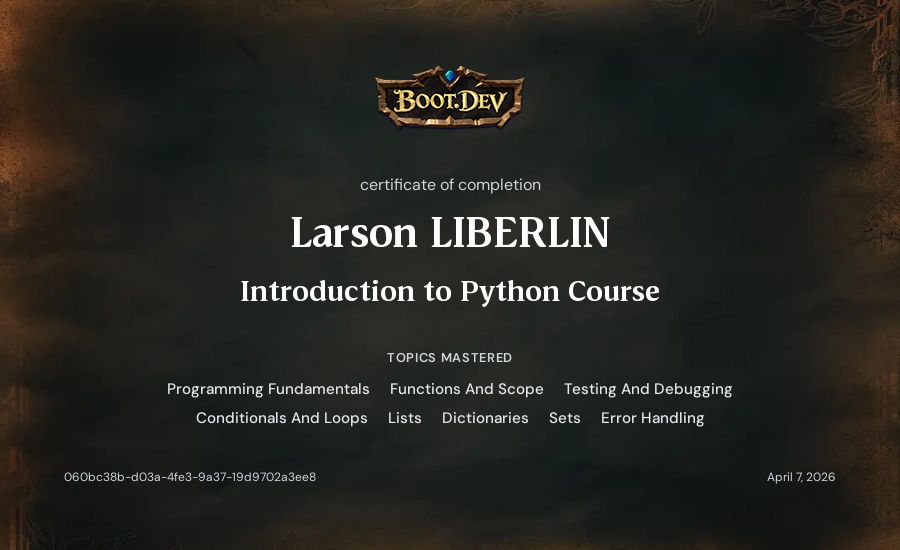 Larson LIBERLIN's Boot.dev Introduction to Python Course certificate